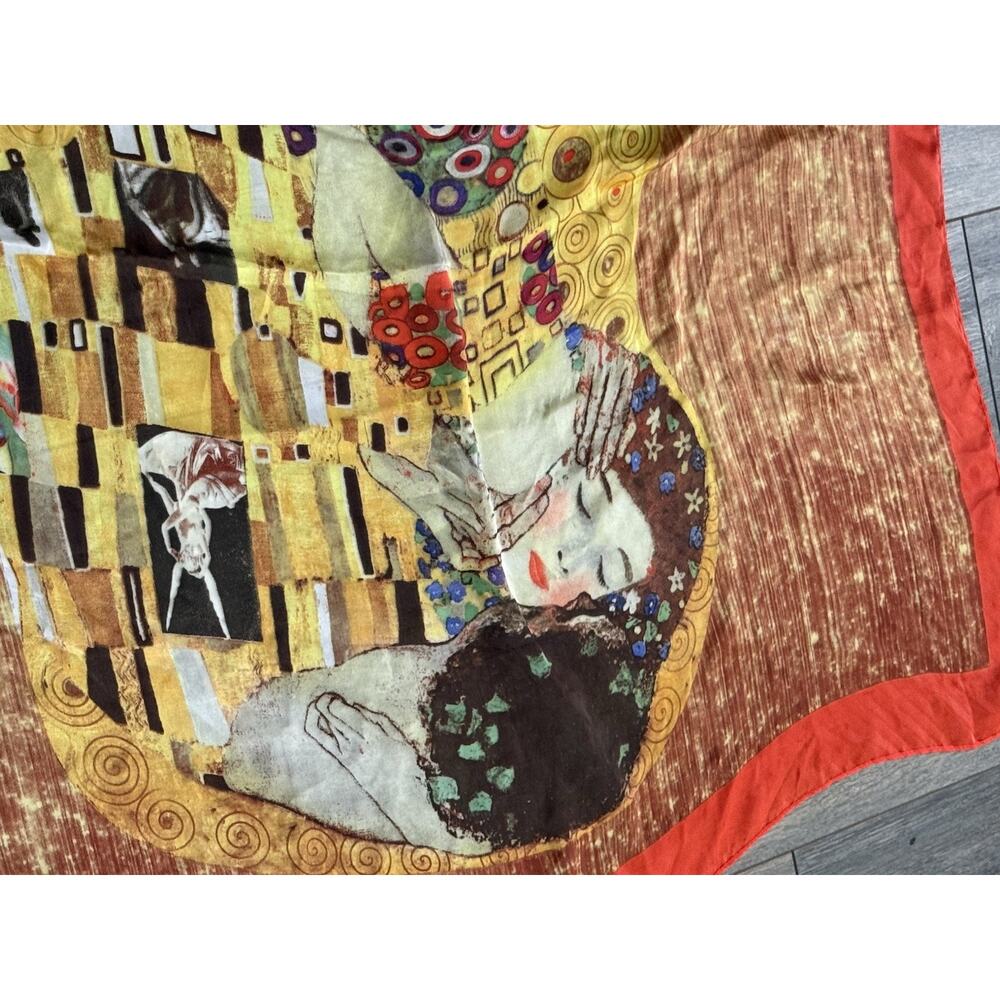 Vintage Hand Rolled Silk Gustav Klimt Scarf The Kiss Artsy Colorful 34x34 - Picture 2 of 5